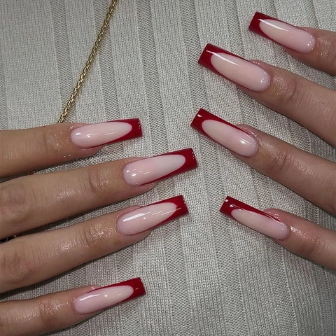 Faux Ongles Press On Forme Cercueil Longues Pointes Rouges Françaises Base Nude Ongles Artificiels Manucure Pour Femmes