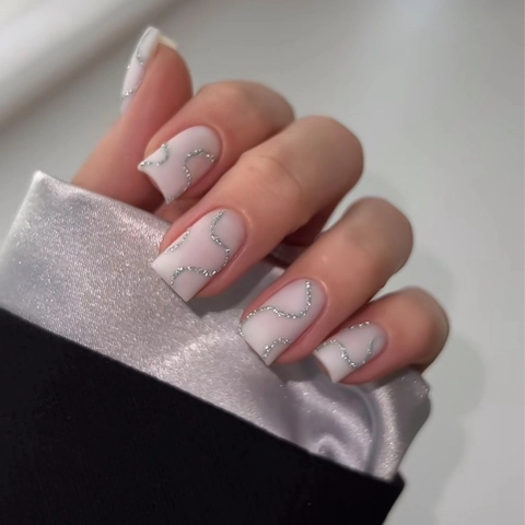 Press On Nails Matte Pink Silver Glitter Wave Long Square Artificial False Nail Collection For Women Full Cover
