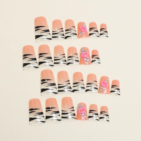 Long Square Press On Nails Leopard Zebra Print With 3D Pink Lip Resin Accessories And Rhinestones DIY Removable Manicure