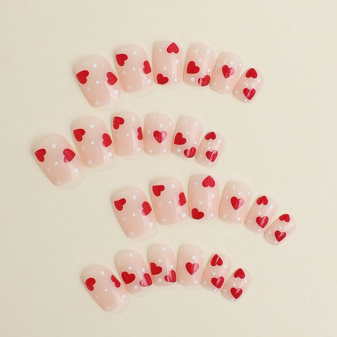 Valentine's Day Short Square Press On Nails Nude Pink Red Heart White Polka Dot Sweet DIY Manicure Tool For Women