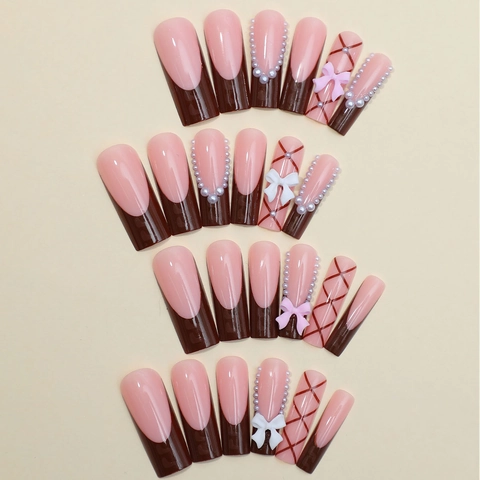 Extra Long Press On Nails Chocolate Brown Pink French Tip With 3D Bows And Artificial Pearls Square Fake Nails For Women