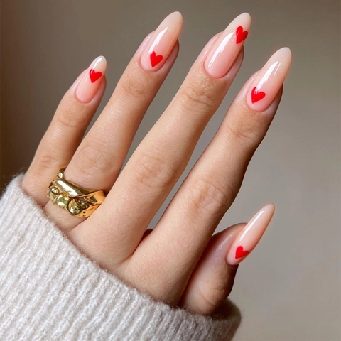Heart Pattern Press On Nails Almond Shape Glossy Fake Nails Romantic French Style For Women With Adhesive Tabs And File