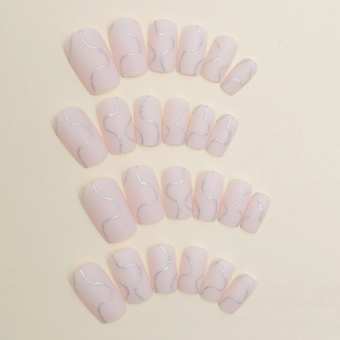 Press On Nails Matte Pink Silver Glitter Wave Long Square Artificial False Nail Collection For Women Full Cover