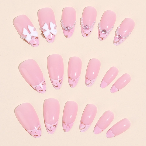 Uñas Postizas Almendradas Degradado Rosa Estilo Francés Con Lazos 3D Perlas Artificiales Pedrería Manicura Elegante