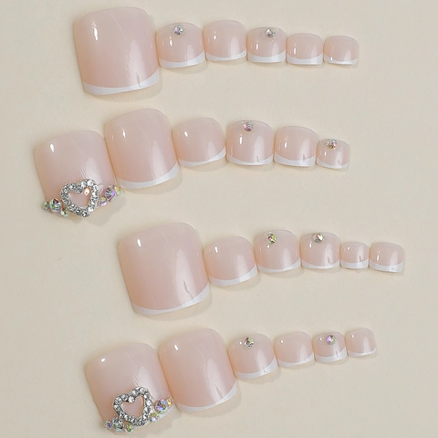 French Style Press On Toe Nails Nude Pink White Tips Heart Rhinestones Elegant Foot Decor Women Adhesive Tabs File