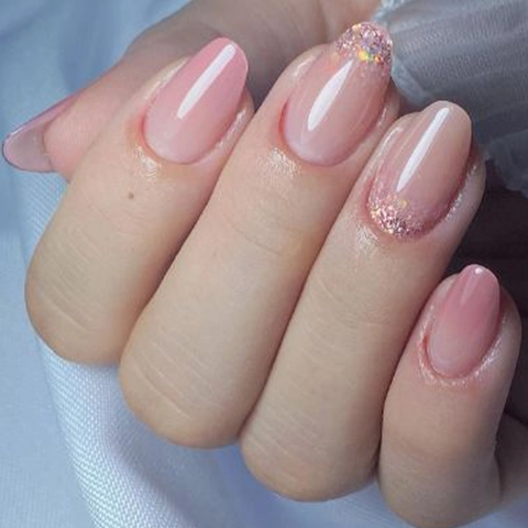 Press On Nails French Pink Gradient Glitter Oval Fake Nails Glossy Acrylic For Women DIY Long Manicure