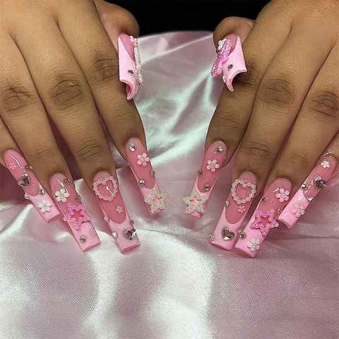 Uñas Postizas Largas Coffin Press On Rosa Barbie French Tip 3D Corazón Estrella Lazo Diamantes Perla Artificial Kit De Manicura DIY