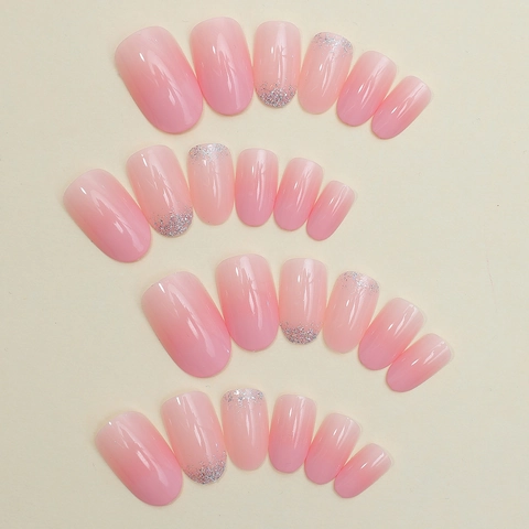 Press On Nails French Pink Gradient Glitter Oval Fake Nails Glossy Acrylic For Women DIY Long Manicure