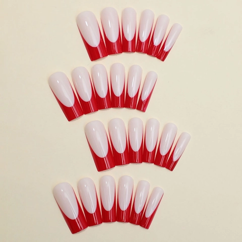 Faux Ongles Press On Forme Cercueil Longues Pointes Rouges Françaises Base Nude Ongles Artificiels Manucure Pour Femmes