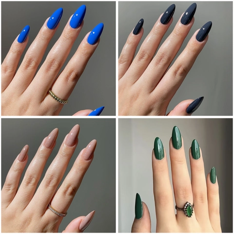 Solid Color Almond Press On Nails Glossy Artificial False Finger Nails With Adhesive Tabs And File DIY Manicure For Women