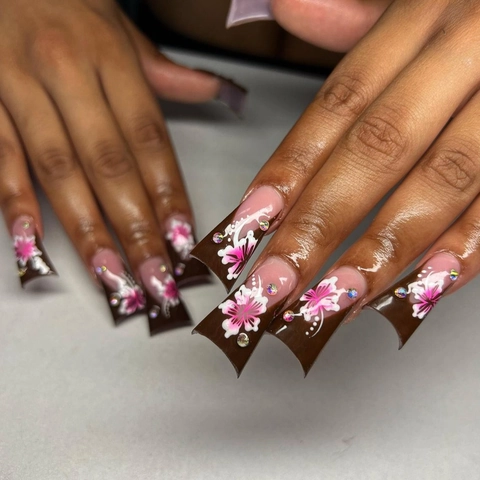 French Flower Print Artificial Press On Nails With Rhinestone Long Trapezoid Fake Fingernails For Women Daily Manicure