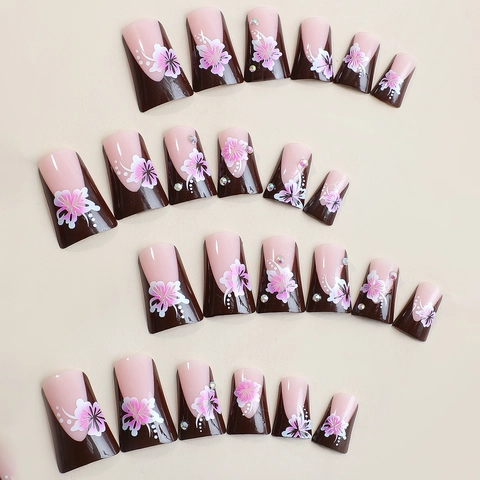 French Flower Print Artificial Press On Nails With Rhinestone Long Trapezoid Fake Fingernails For Women Daily Manicure