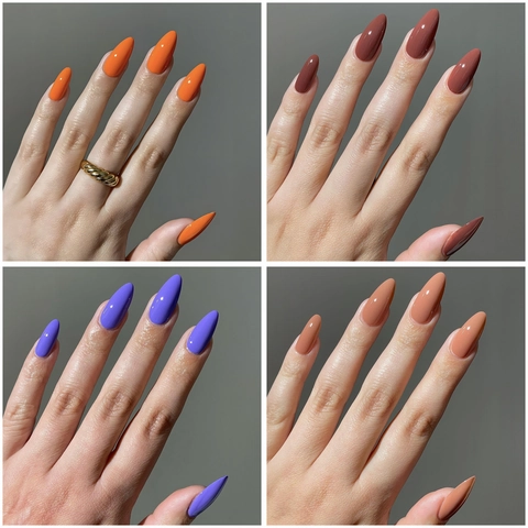 Solid Color Almond Press On Nails Glossy Artificial False Finger Nails With Adhesive Tabs And File DIY Manicure For Women