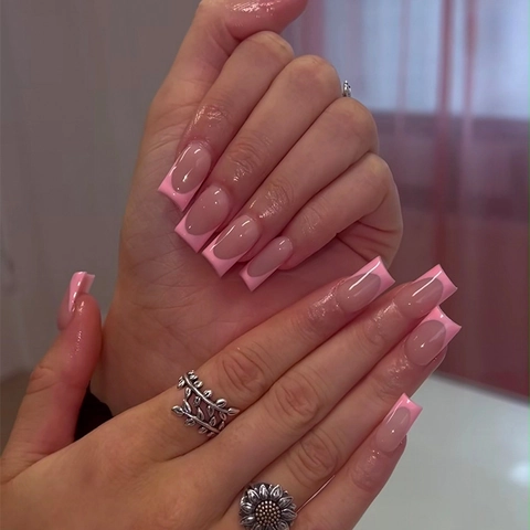 Glossy Pink French Tip Press On Nails Long Square Fake Nails Manicure With Nail File And Adhesive Jelly Glue For Women