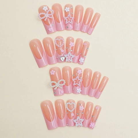 Uñas Postizas Largas Coffin Press On Rosa Barbie French Tip 3D Corazón Estrella Lazo Diamantes Perla Artificial Kit De Manicura DIY
