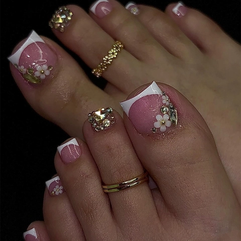 French Tip Press On Toe Nails Pink Nude With 3D Resin Flower Rhinestones Glitter Simple Elegant For Women