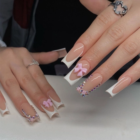 Uñas Postizas A Presión Rosa Francesas Forma Ataúd Extra Larga Con Lazo 3D Y Diamantes De Imitación Coloridos