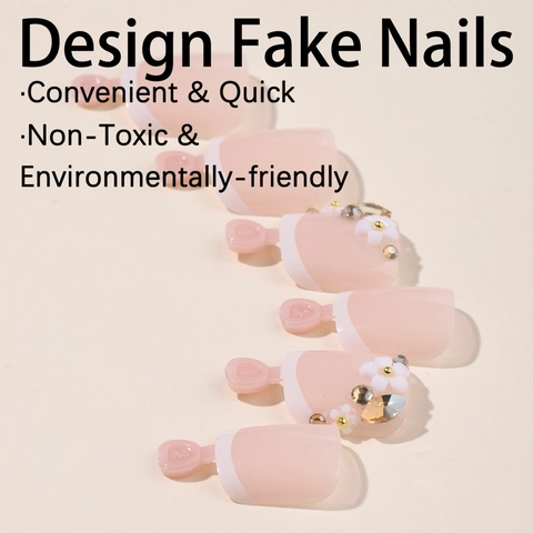 French Tip Press On Toe Nails Pink Nude With 3D Resin Flower Rhinestones Glitter Simple Elegant For Women