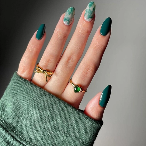 Uñas Postizas Almendradas Con Patrón De Mármol Verde Brillante Color Sólido Ongles Artificiels Con Lengüetas Y Lima