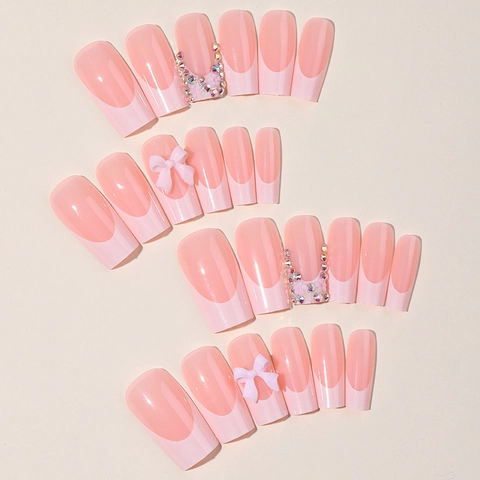 Uñas Postizas A Presión Rosa Francesas Forma Ataúd Extra Larga Con Lazo 3D Y Diamantes De Imitación Coloridos