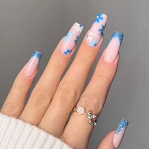Lange Coffin Press On Nägel Blauer Glitzer French Tip Weißes Gänseblümchenmuster Künstliche Falsche Nägel Mit Klebelaschen
