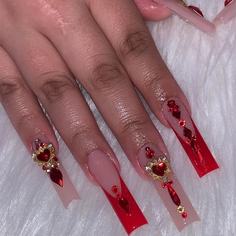 Unghie Finte Press On Coffin Extra Lunghe Punta Francese Rossa Cuore Strass Gemma Lusso Nude Rosa Lucido Manicure DIY