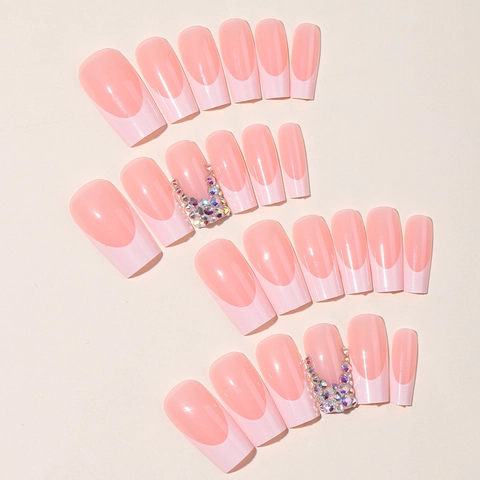 Press On Nails Lange Sarg Kunstnägel Französische Weiße Spitze Nude Rosa Mit Bunten Strasssteinen Glamourös Für Frauen