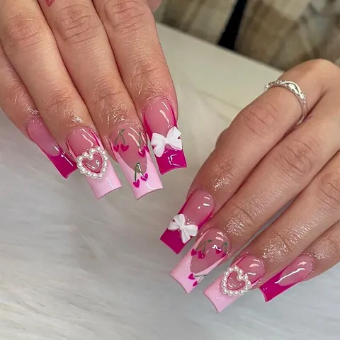 French Style Long Coffin Press On Nails With Cherry Pattern 3D Bow And Artificial Pearl Heart Pink Handmade Exquisite False Nails