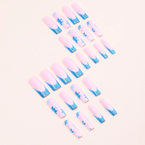 Lange Coffin Press On Nägel Blauer Glitzer French Tip Weißes Gänseblümchenmuster Künstliche Falsche Nägel Mit Klebelaschen