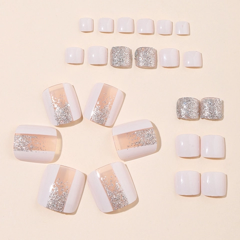 Toe Press On Nails Glitter Silver Gradient French Style Detachable Glossy Plastic Artificial Foot Nail Patches For Women