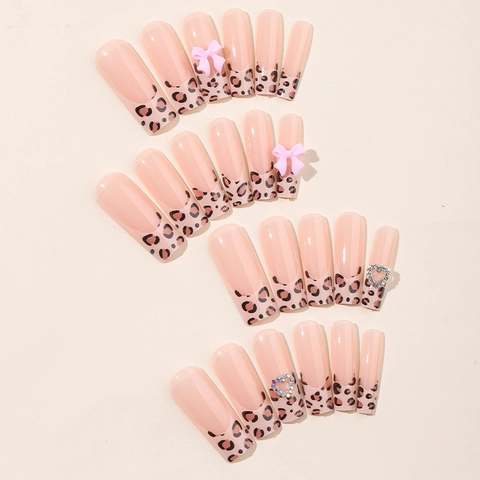Faux Ongles Longs Cercueil Imprimé Léopard Français Nœud Rose Cœur Strass Brillant À Presser