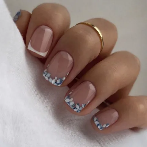French Floral Press On Nails Blue White Flower Design Elegant Nude Pink Square Round Glossy Artificial Fingernails For Women