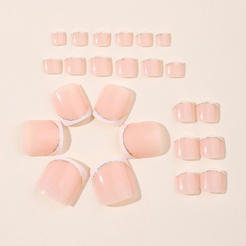 French White Tip Fake Toe Nails Nude Pink Glossy Artificial Toe Nails With Gold Glitter Line For Women Elegant Professional