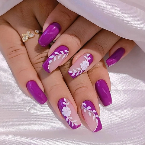 Purple Long Square Press On Nails ABS Plastic Flower Leaf Pattern Elegant Rectangular False Nails Fashionable For Women