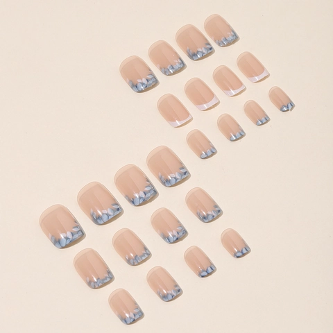 French Floral Press On Nails Blue White Flower Design Elegant Nude Pink Square Round Glossy Artificial Fingernails For Women