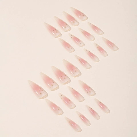 Lange Stiletto Künstliche Nägel Rosa Nude Weiß Farbverlauf Gold Stern Muster Französisch Fake Nails Mit Klebe-Tabs Damen