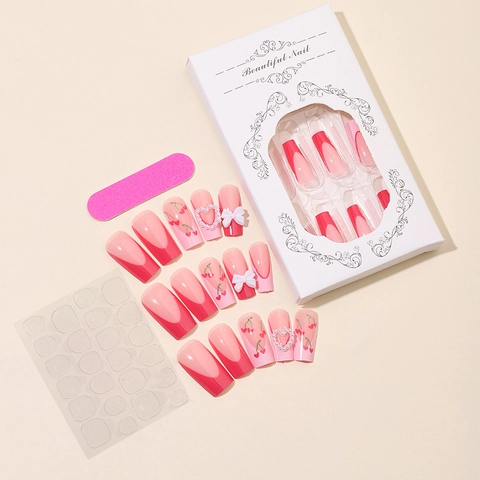 French Style Long Coffin Press On Nails With Cherry Pattern 3D Bow And Artificial Pearl Heart Pink Handmade Exquisite False Nails
