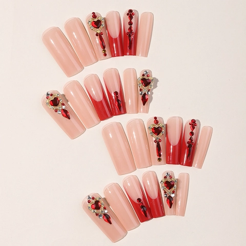Unghie Finte Press On Coffin Extra Lunghe Punta Francese Rossa Cuore Strass Gemma Lusso Nude Rosa Lucido Manicure DIY