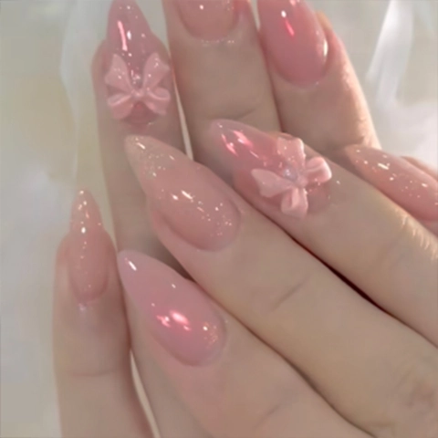 Handmade Pink Artificial Pearl Press On Nails With 3D Butterfly Bow Long Almond Shape Elegant Sweet Fairy Style False Nails