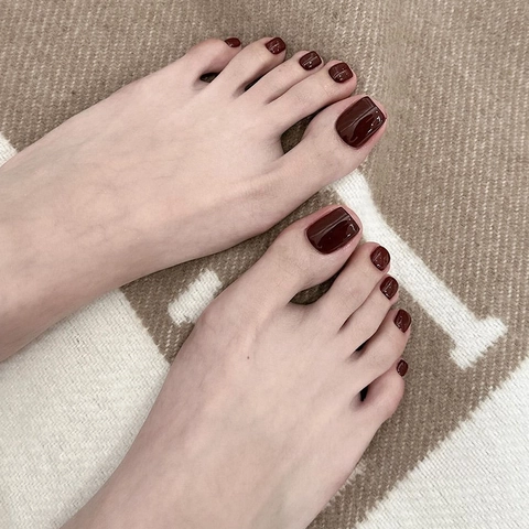 Wine Red Glossy Press On Toenails Solid Color ABS Full Cover Fake Toe Nails For Women