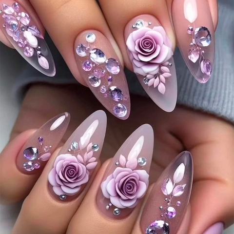 Long Almond Press On Nails Purple Rose Floral Gradient French Style Rhinestone Artificial Pearl Artificial False Nails