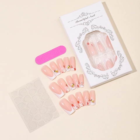 Französische Spitze Künstliche Nägel Lange Sargform Rosa Transparent Mit Honigbiene Gänseblümchen Erdbeere Kirsch Muster