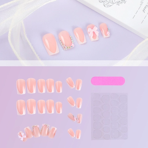 French Tip Press On Nails With 3D Butterfly Bow Rhinestone Decoration Sweet Nude Pink Long Square Plastic False Nails For Women
