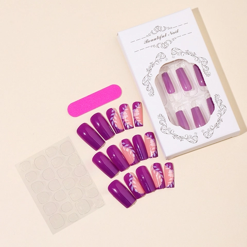 Purple Long Square Press On Nails ABS Plastic Flower Leaf Pattern Elegant Rectangular False Nails Fashionable For Women