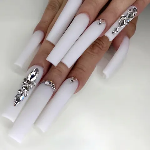 Press On Nails White Extra Long Coffin Square Artificial Fake With Rhinestone Crystal Decor Elegant French Style For Women
