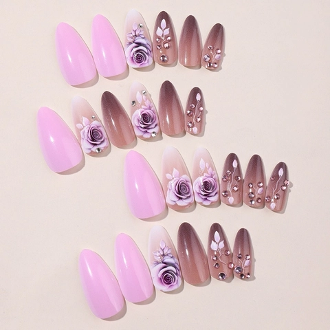 Long Almond Press On Nails Purple Rose Floral Gradient French Style Rhinestone Artificial Pearl Artificial False Nails