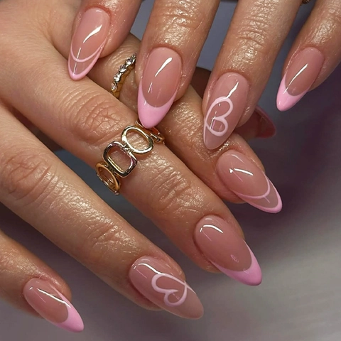 Press On Nails Pink French Almond Shape White Heart Pattern Glossy Long Full Cover Fake Nails Manicure Tool For Women