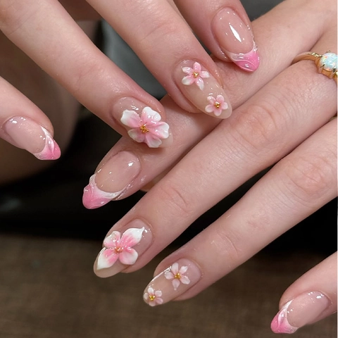 3D Floral Press On Nails Forma Almendra French Tip Degradado Rosa Blanco Estilo Hecho A Mano Elegante Para Mujeres Con Pestañas Adhesivas