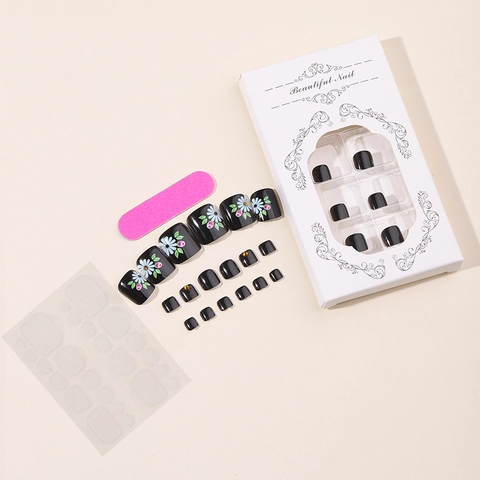 Black Toe Press On Nails Glossy Floral Daisy Pattern Rhinestone ABS Fake Toe Nails For Women