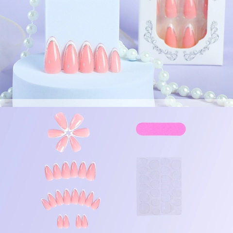 Unghie Finte A Pressione Forma A Mandorla French Tip Bianco Base Rosa Linea Glitter Argento Per Donne Manicure DIY